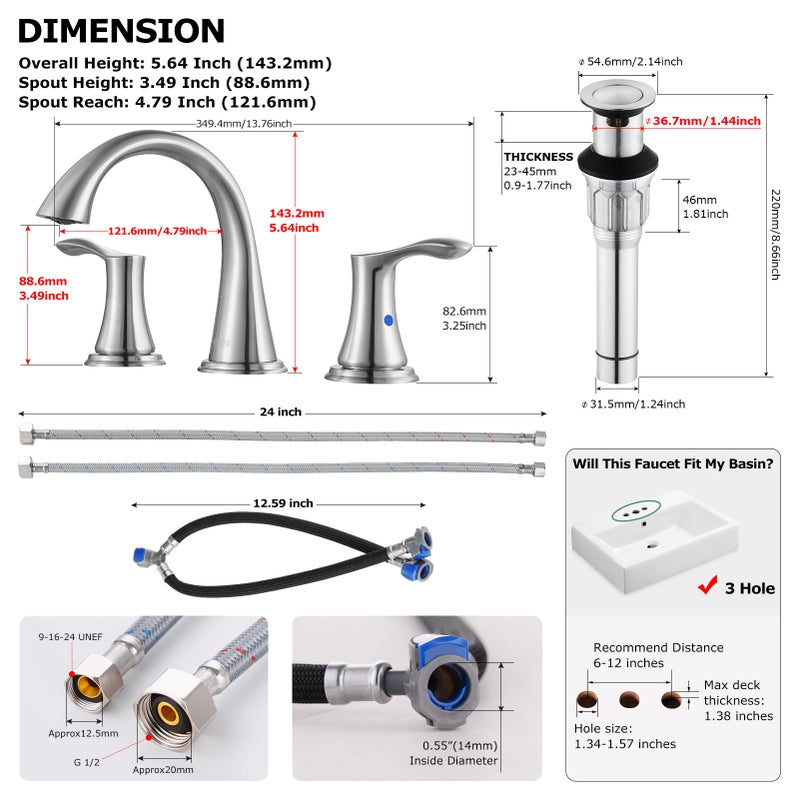 PARLOS Widespread 2 Handles Bathroom Faucet with Metal Pop Up Sink Drain and cUPC Faucet Supply Lines, Brushed Nickel, Demeter 13647 - Image 5